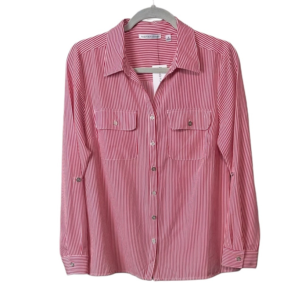 NWT Notations Women's Button Up Collared‎ Red White Stripe Shirt Sz S